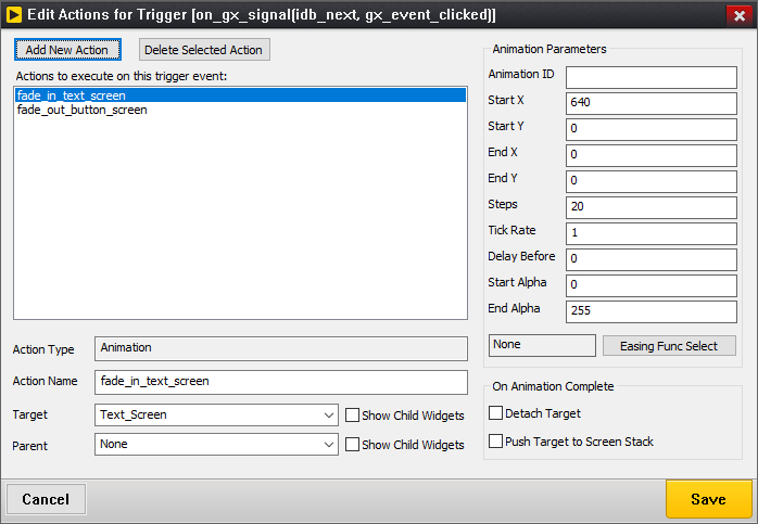 Screenshot of the GUIX Studio Edit Actions for Trigger dialog.