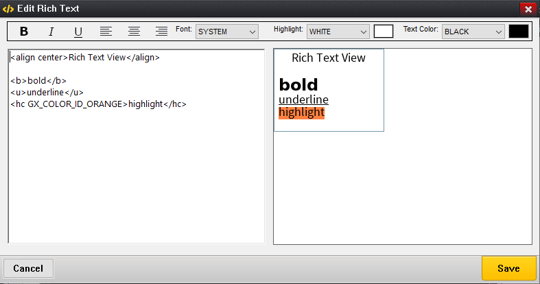 Screenshot of the GUIX Studio Edit Rich Text dialog.