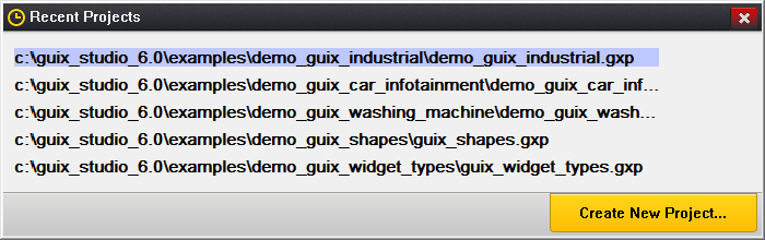 Screenshot of the GUIX Studio Recent Projects dialog.