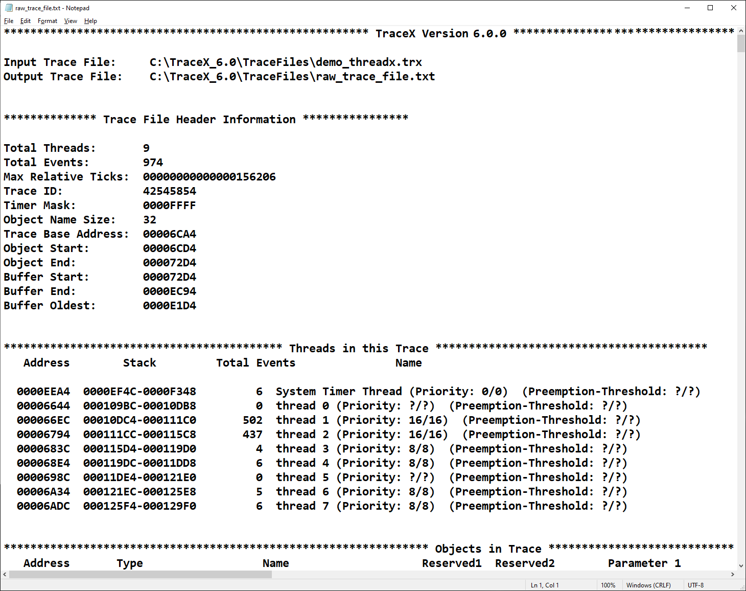 Raw trace dump